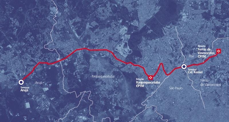 Карта коредоре БРТ метрапалітэна перыметры Альта Тиете
